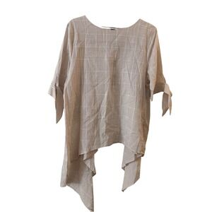 Ravel Womens Beige Windowpane Cotton Handkerchief Hem Tie Sleeve Top M NWT